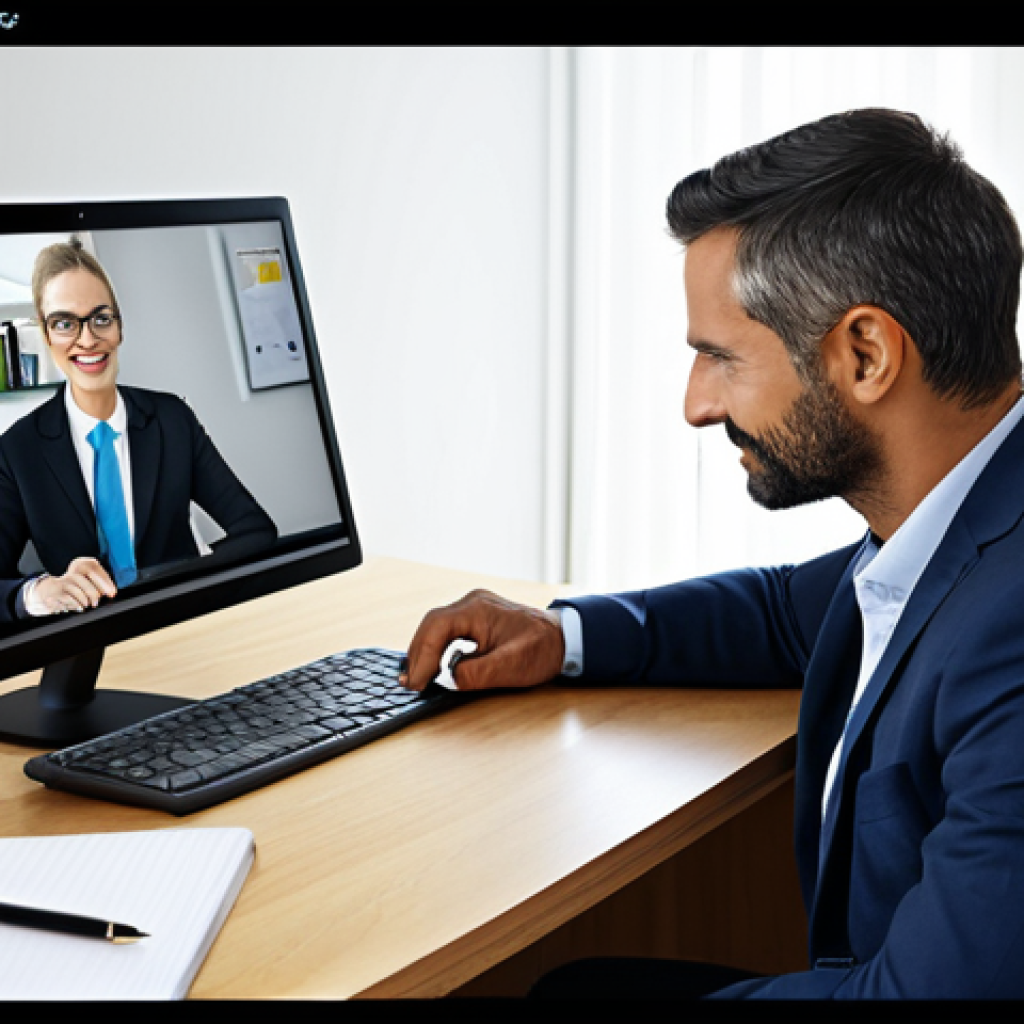 A professional consultant, mid-30s, dressed in a modest business suit, sitting comfortably at a modern desk in a well-lit home office. They are looking at a laptop screen, actively engaged in a video conference. The screen displays a generic, friendly interface, symbolizing remote connection. The desk is tidy with professional items like a notebook and pen. The background is clean and organized, suggesting a calm and productive workspace. This image emphasizes digital accessibility and professional remote support. safe for work, appropriate content, fully clothed, professional dress, perfect anatomy, correct proportions, natural pose, well-formed hands, proper finger count, natural body proportions, high-quality photography.