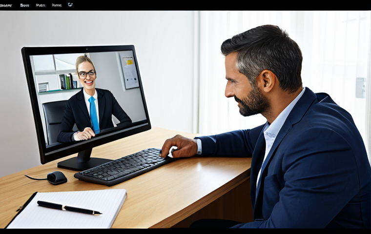 A professional consultant, mid-30s, dressed in a modest business suit, sitting comfortably at a modern desk in a well-lit home office. They are looking at a laptop screen, actively engaged in a video conference. The screen displays a generic, friendly interface, symbolizing remote connection. The desk is tidy with professional items like a notebook and pen. The background is clean and organized, suggesting a calm and productive workspace. This image emphasizes digital accessibility and professional remote support. safe for work, appropriate content, fully clothed, professional dress, perfect anatomy, correct proportions, natural pose, well-formed hands, proper finger count, natural body proportions, high-quality photography.