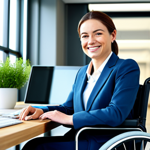 Disability Employment Success**

"A fully clothed, smiling professional woman in a modest business suit, using a wheelchair, confidently working at a computer in a bright, modern office. Appropriate attire, ergonomic workspace, natural lighting, perfect anatomy, correct proportions, safe for work, family-friendly."

**