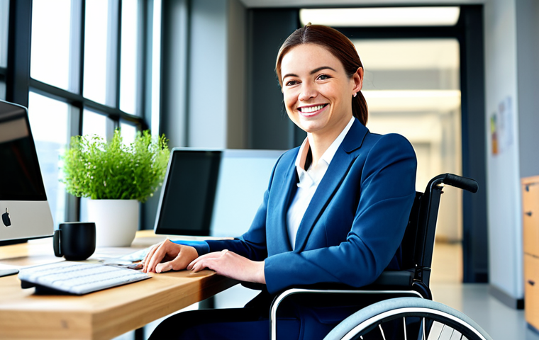 Disability Employment Success**
"A fully clothed, smiling professional woman in a modest business suit, using a wheelchair, confidently working at a computer in a bright, modern office. Appropriate attire, ergonomic workspace, natural lighting, perfect anatomy, correct proportions, safe for work, family-friendly."
**