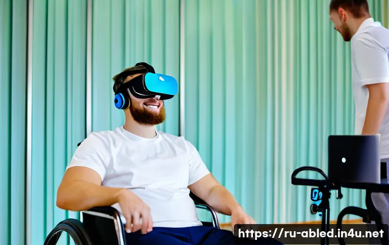 장애인상담사 직무 성장 - **Prompt:** A dynamic and hopeful scene inside a modern, brightly lit rehabilitation center in a lar...