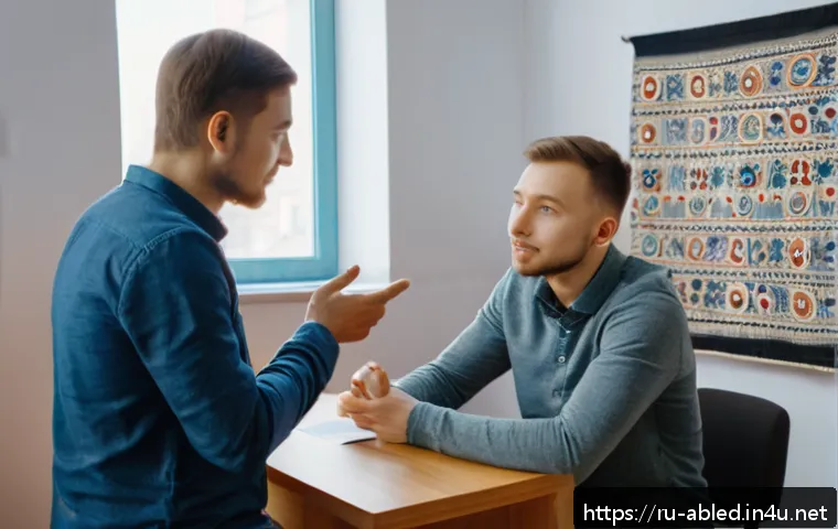 장애인상담사 업무 목표 설정 - A warm and empathetic counseling session between a professional consultant and a young Russian man w...