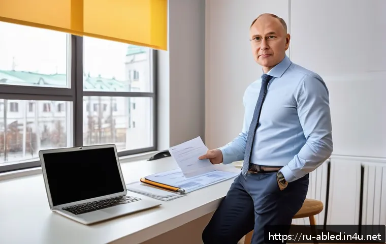 장애인상담사 자격증 유효 기간 - A professional office setting showing a middle-aged Russian consultant sitting at a modern desk with...