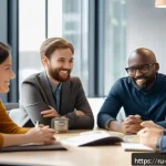 Home 23 장애인상담사 직장 내 팀워크 - A diverse professional team in a modern office setting, engaged in an open discussion around a large...
