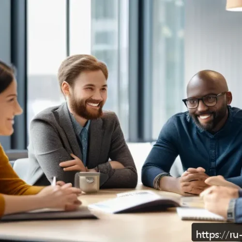 Home 17 장애인상담사 직장 내 팀워크 - A diverse professional team in a modern office setting, engaged in an open discussion around a large...