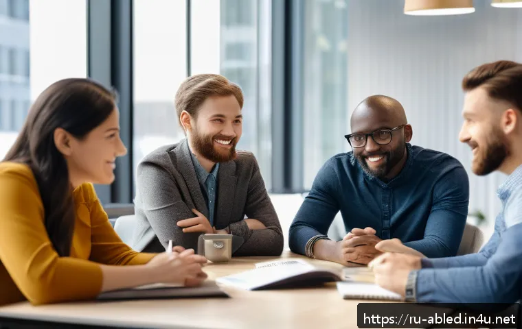 장애인상담사 직장 내 팀워크 - A diverse professional team in a modern office setting, engaged in an open discussion around a large...