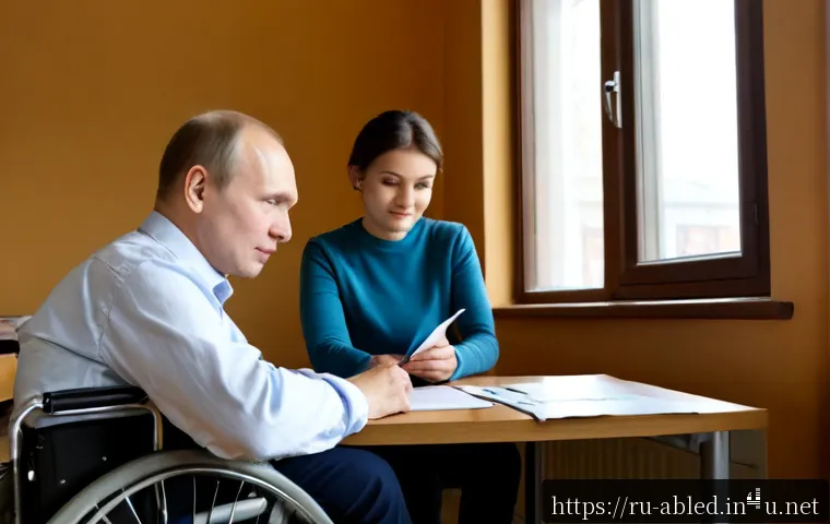 장애인상담사 업무 관련 자격증 - Photorealistic disability support counselor in a modern Russian community assistance office, a compa...