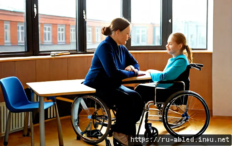 장애인상담사 근무 환경 - Photorealistic disability counselor work environment in a modern Russian community support center, c...