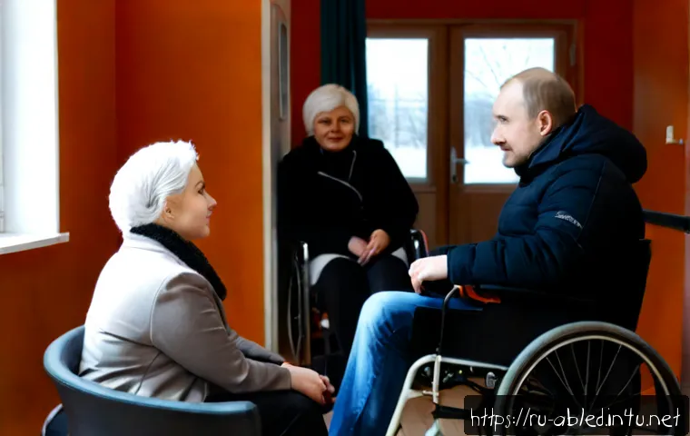 장애인상담사 직무 도전 과제 - Photorealistic disability counselor in a bright, accessible community support office in Russia, calm...