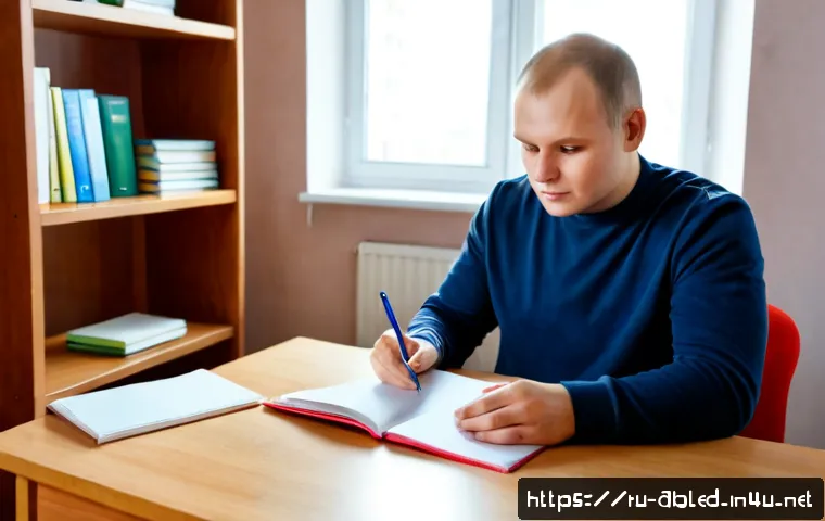 장애인상담사 자격시험 준비 - Photorealistic Russian disability support counselor certification exam preparation scene, a focused ...