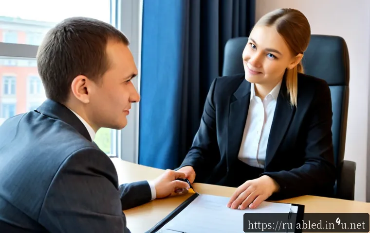 Home 17 장애인상담사 취업 조건 - Photorealistic career consultation scene in a modern Russian social services office, a professional ...